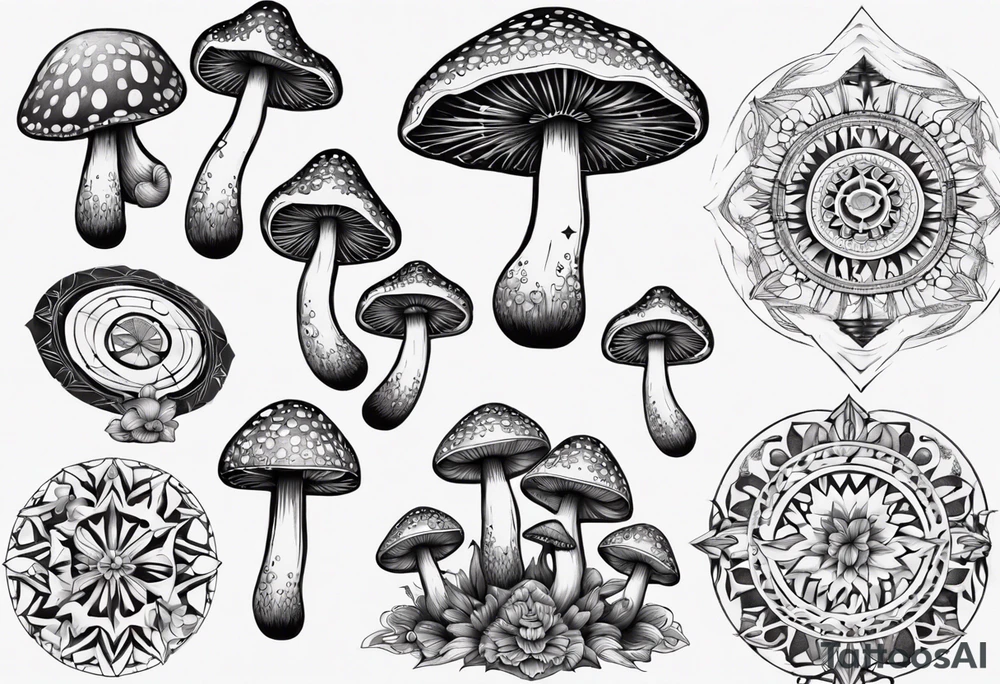 book, mushrooms, psychedelic, mandala tattoo idea