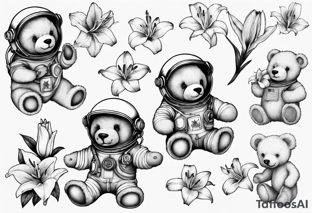 Teddy bear astronaut holding Lily tattoo idea