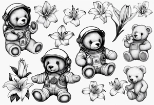 Teddy bear astronaut holding Lily tattoo idea