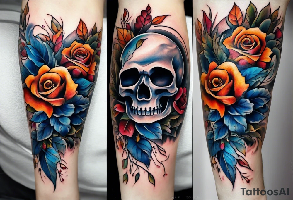 Front knee tattoo with fall colors, small flowers, rose, style skull, leaves, blue water flows with washes and background tattoo idea