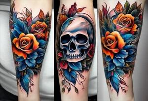 Front knee tattoo with fall colors, small flowers, rose, style skull, leaves, blue water flows with washes and background tattoo idea