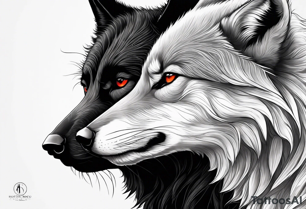 Black wolf and red fox nuzzling tattoo idea