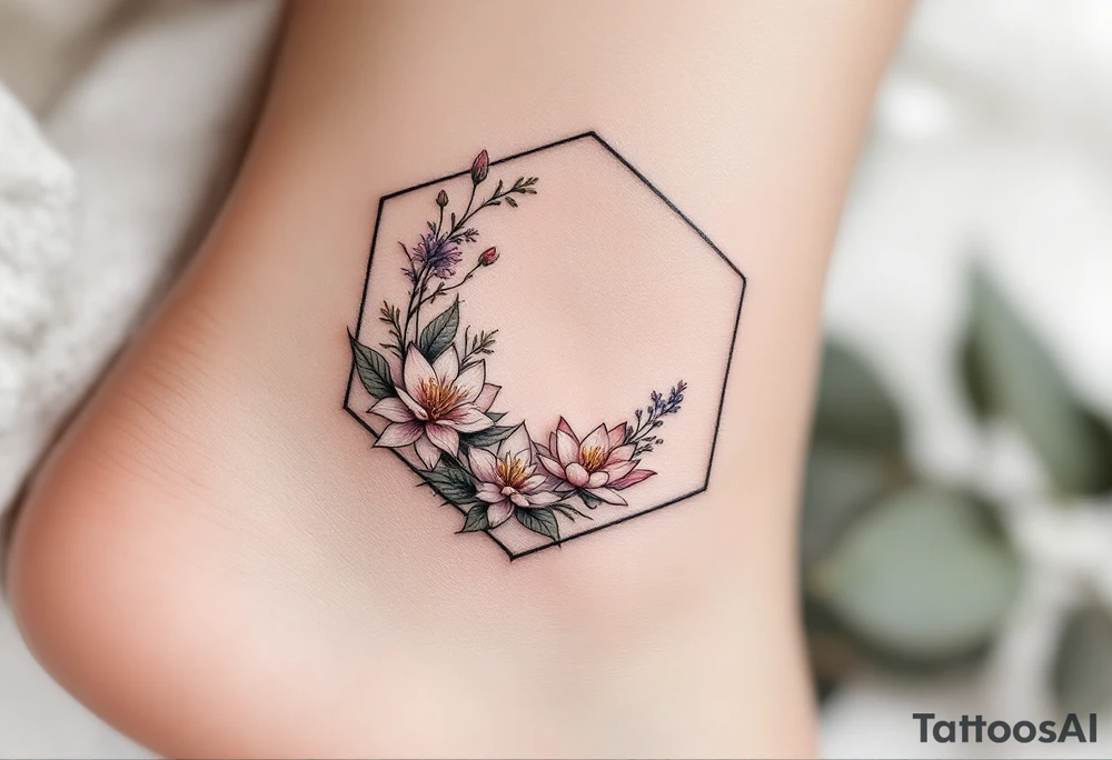 Faint Hexagon with Leo, larkspur and water lilies in the center tattoo idea