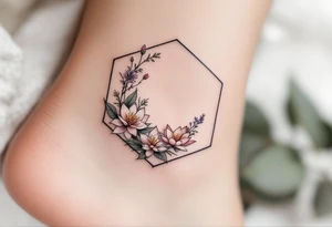 Faint Hexagon with Leo, larkspur and water lilies in the center tattoo idea