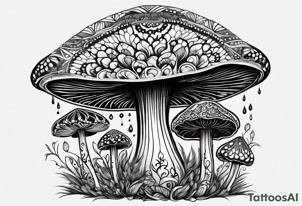 Large Shaggy cap mushroom dripping ink off cap with 4 smaller mushrooms around it mandala henna black tattoo design tattoo idea