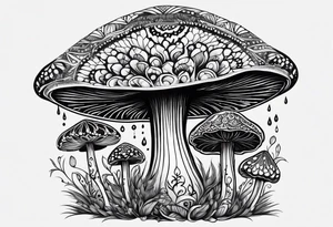 Large Shaggy cap mushroom dripping ink off cap with 4 smaller mushrooms around it mandala henna black tattoo design tattoo idea