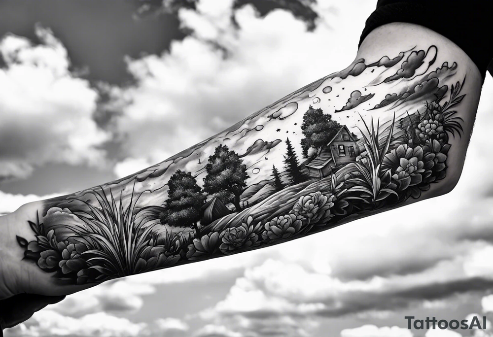 I want a arm sleeve where the sky is the background like the Calvin and Hobbes picture of them looking up at the sky tattoo idea