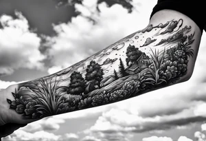 I want a arm sleeve where the sky is the background like the Calvin and Hobbes picture of them looking up at the sky tattoo idea