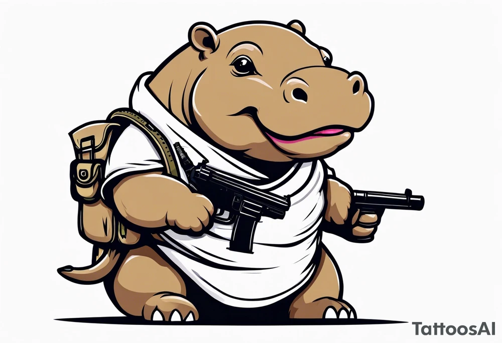 Baby hippo wearing a diaper with bandolier over chest and holding a machine gun tattoo idea