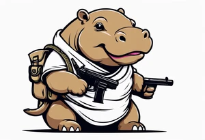 Baby hippo wearing a diaper with bandolier over chest and holding a machine gun tattoo idea
