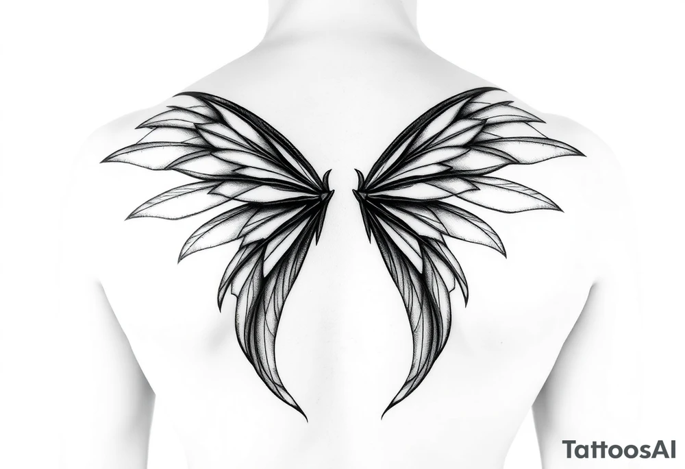 Long wispy fairy wings folded closed down full back tattoo idea