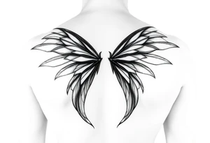 Long wispy fairy wings folded closed down full back tattoo idea