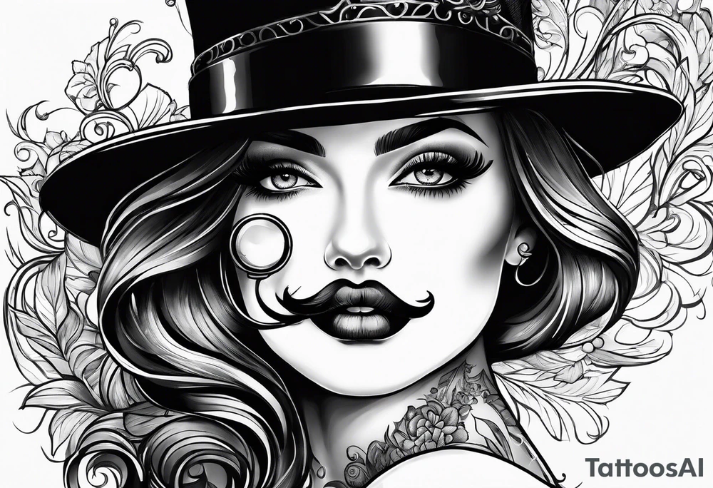 sketch style mustache, lady eyelashes and monocle tattoo idea