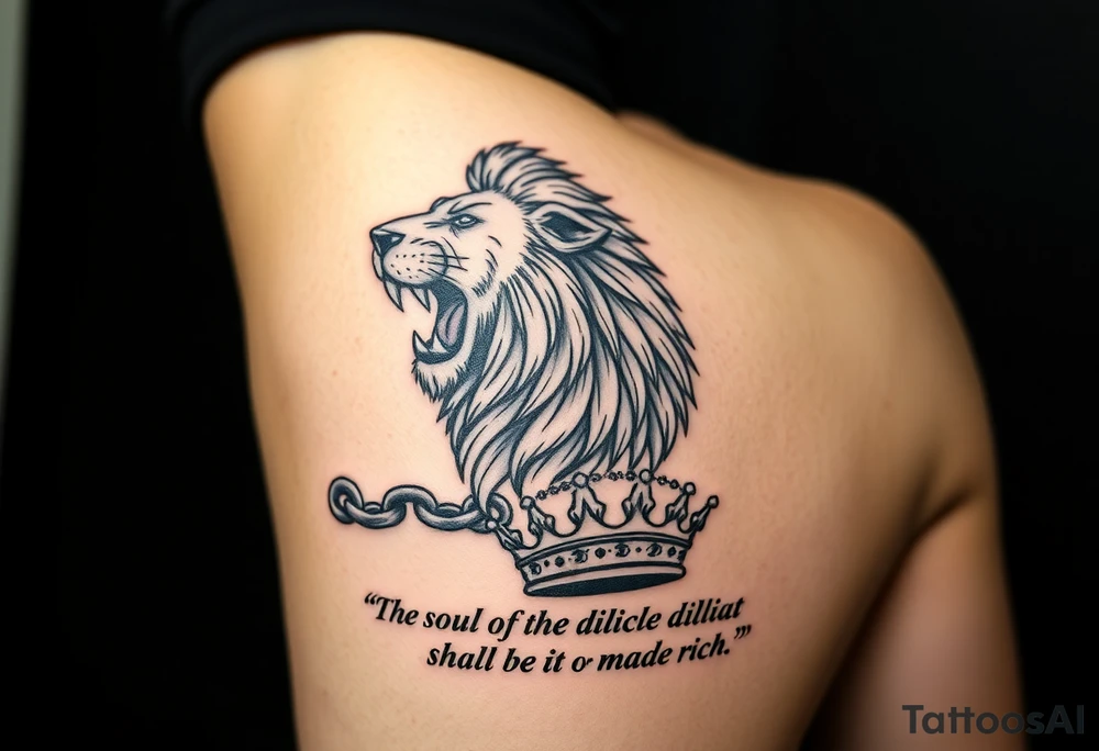 Very masculine and strong for calf shape.

Top of calf:
	•	Roaring lion (discipline, kingship)

Below:
	•	Broken chain (laziness)
	•	Crown resting on a Bible or stone tablet

Text:
	•	The main line: “The soul of the diligent shall be made rich.” larger
	•	First half smaller above or below
	•	Proverbs reference under the lion’s jaw

This works well if your cover-up needs bold contrast and texture (lion’s mane hides a lot). tattoo idea