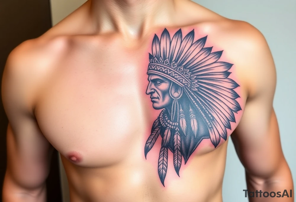 Warrior Indian left chest full color tattoo idea