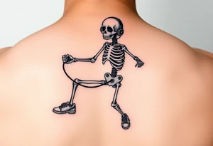 Funny skeleton exercises on a jump rope with a headphones colorful tennis shoes tattoo idea