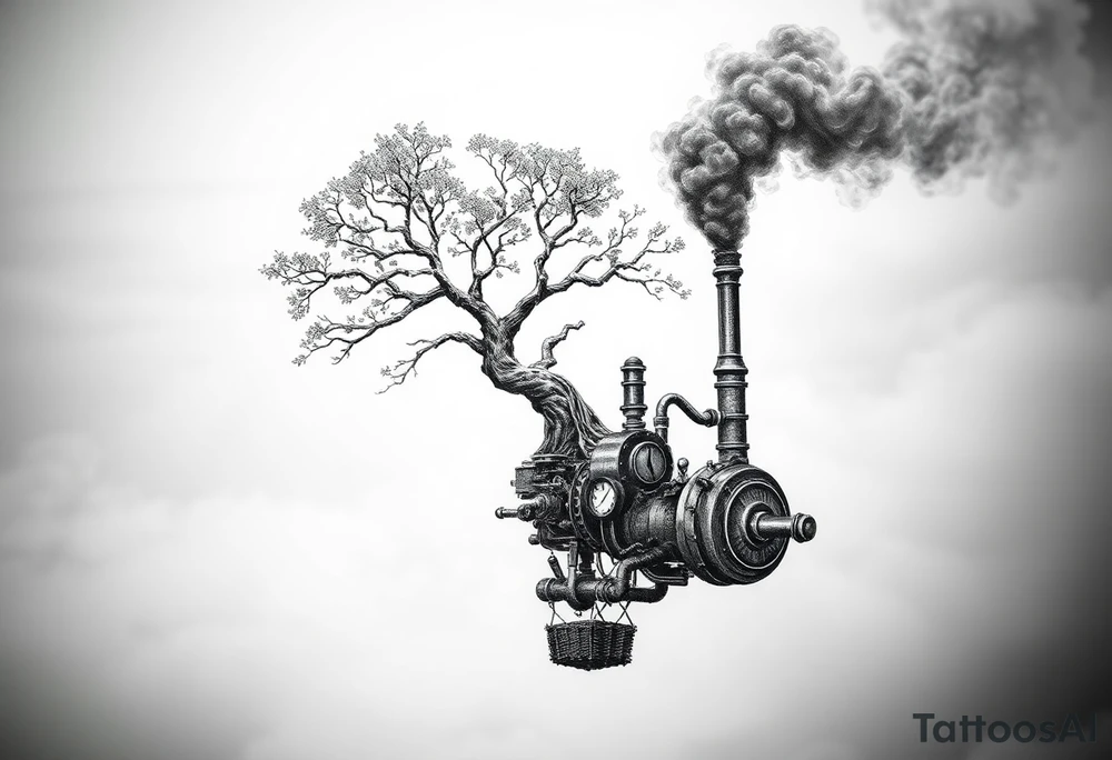 tree growing out of a v shaped engine with lots of pipes, guages and steam around the engine 
 with a smoke stack coming out of the top 
 billowing black smoke as if the tree and engine were a flying machine flying through the air 
 with an extreme steam punk vibe alot more steam punk 
it should look somewhat like a hot air baloon where the tree is the balloon and the machine is the basket but they are together as one unit, and the sky should have clouds in the back ground as if it were chugging along flying through the sky and needs to look extremely steam punk tattoo idea