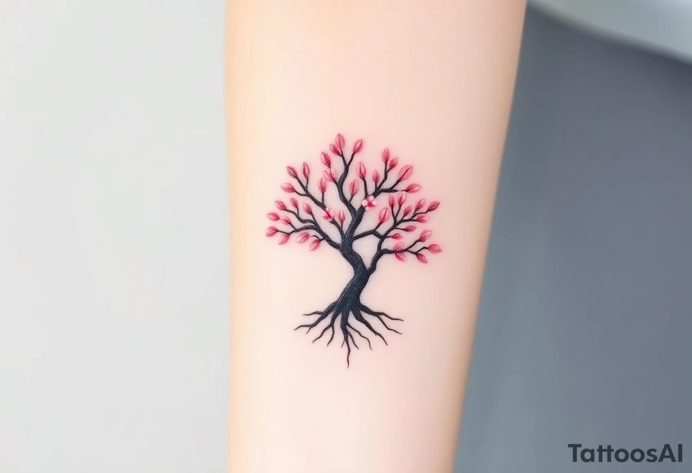 A delicate cherry tree with deep roots and lush soft pink petals, representing beauty, life, and fleeting yet precious family moments tattoo idea