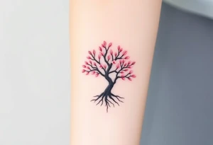 A delicate cherry tree with deep roots and lush soft pink petals, representing beauty, life, and fleeting yet precious family moments tattoo idea