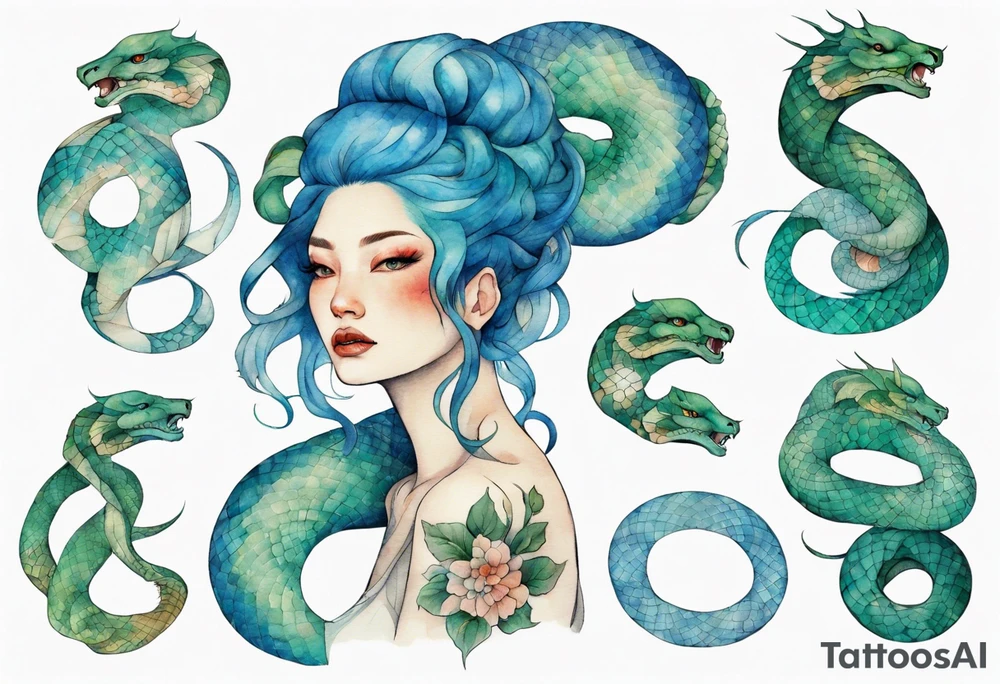 a blue-green serpent wrapped around a beautiful woman with blue hair tattoo idea