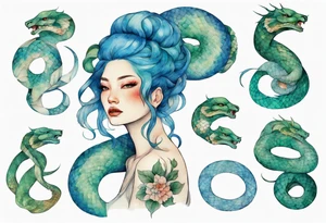 a blue-green serpent wrapped around a beautiful woman with blue hair tattoo idea