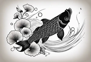 Koi fish, ginkgo leaf, minimalism style for tattoo, black and white ink sketch over textured paper tattoo idea