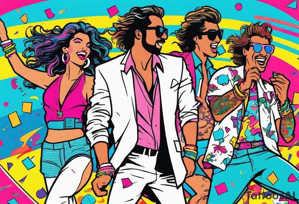 1980's miami vice style beach dance 
party, include confetti, music notes, boom box tattoo idea
