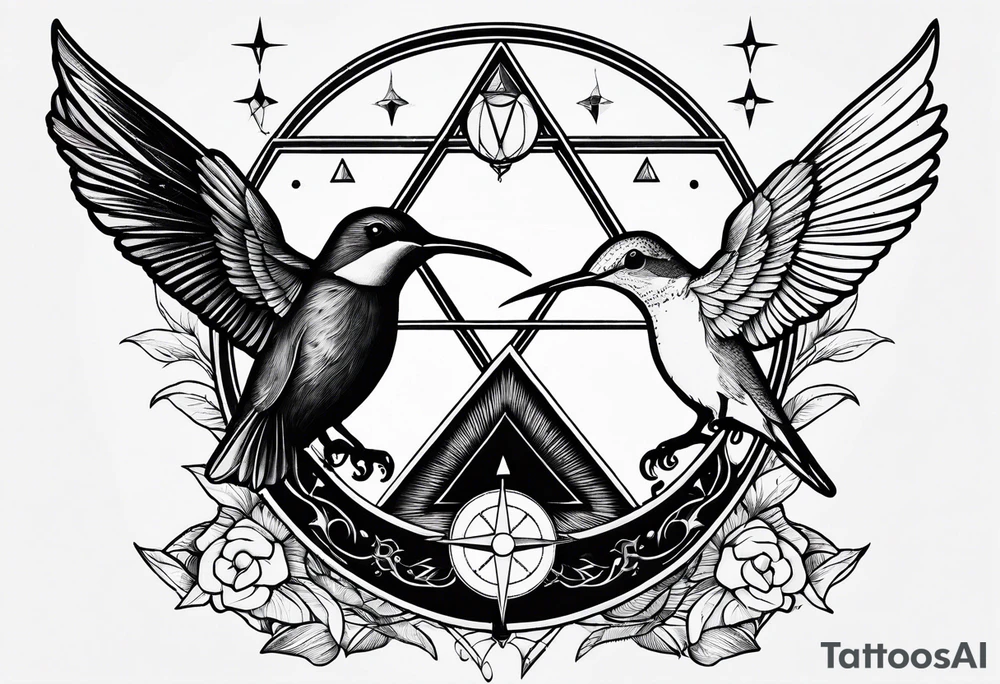 Two triangles with one unclosed, crescent moon, compass, one hummingbird tattoo idea