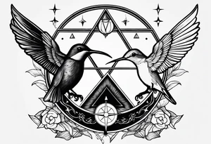 Two triangles with one unclosed, crescent moon, compass, one hummingbird tattoo idea