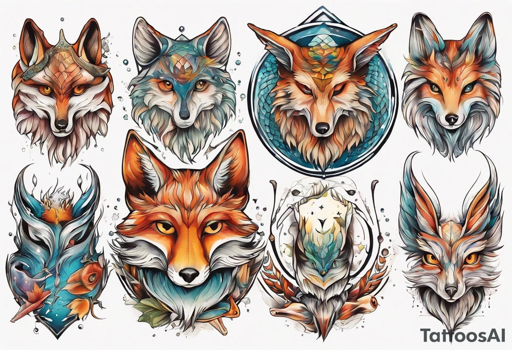 fisch, fuchs und eule , symetrie universum, bunt tattoo idea