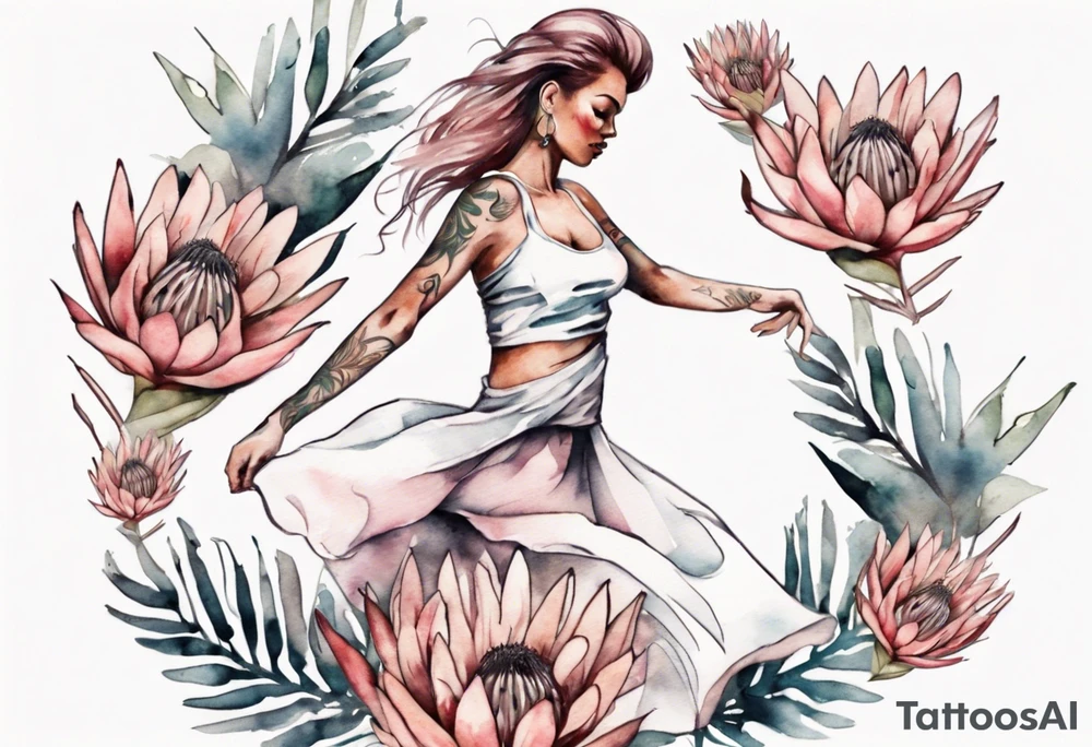 Very feminine tattoo with a woman dancing in a wind of protea flowers tattoo idea