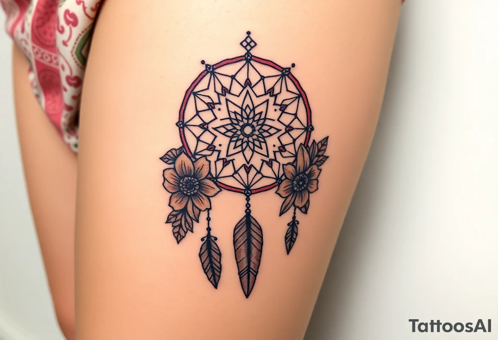 Dreamcatcher with zodiac symbols and protection runes caught in it with tigerlillies roses and sunflowers tattoo idea