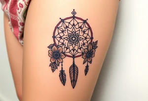 Dreamcatcher with zodiac symbols and protection runes caught in it with tigerlillies roses and sunflowers tattoo idea