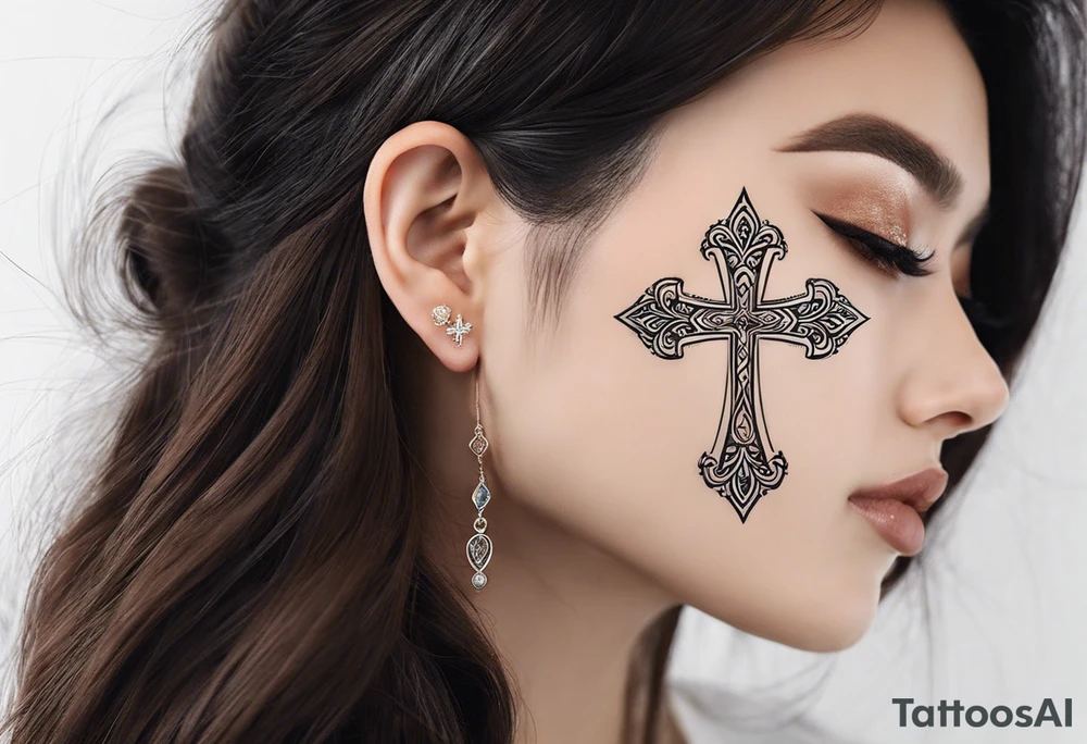 Tattoo: A refined cross with a soft halo on top of it, symbolizing light and spirituality. Delicate rays extend outward from the halo, adding a subtle glow and depth. The cross itself is simple and elegant, with potential for small, intricate line details within the design. tattoo idea