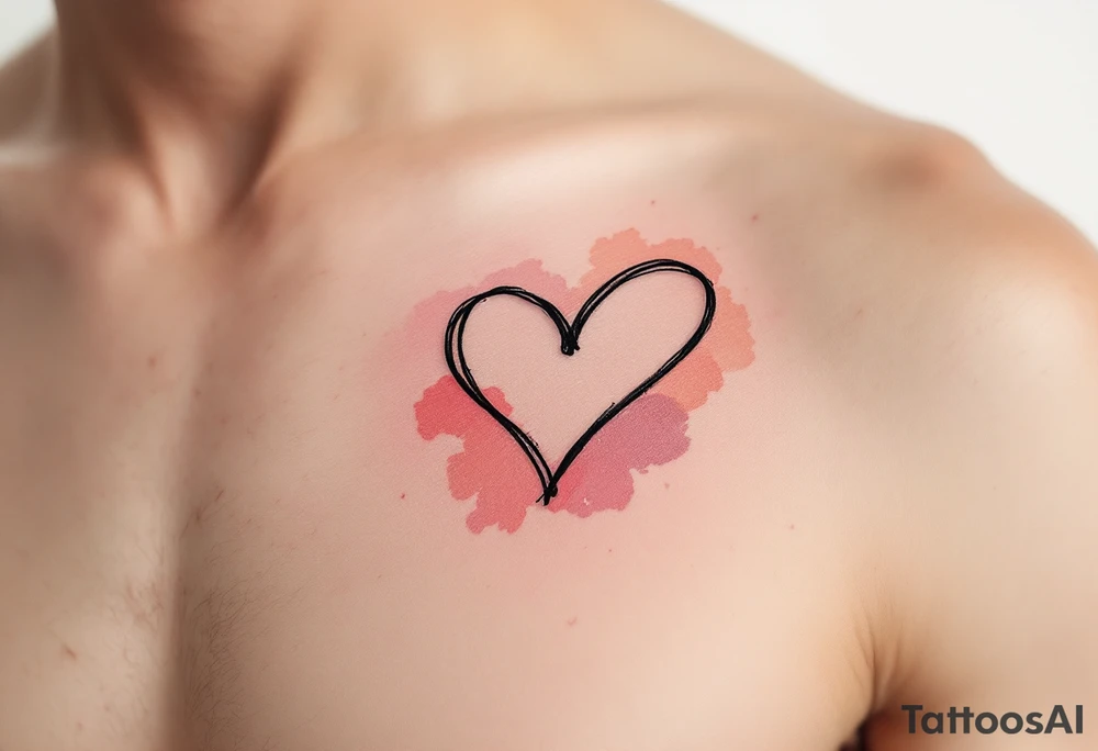 A black heart outline with the names written inside, surrounded by a faded watercolor gradient of soft peach and red tones. tattoo idea