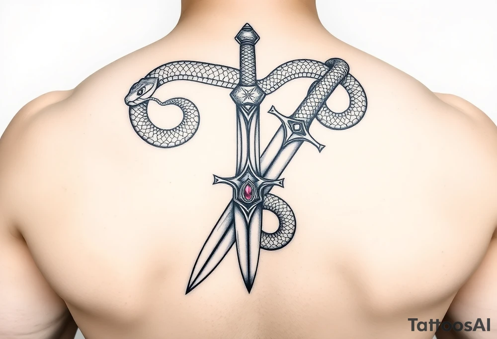 mystical snake coiled around an ancient dagger with jeweled hilt tattoo idea