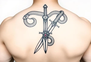 mystical snake coiled around an ancient dagger with jeweled hilt tattoo idea