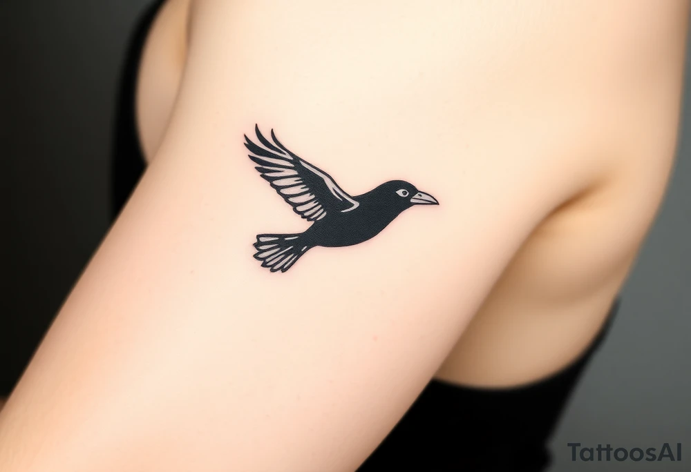 A minimalist raven in flight, with clean, sharp lines outlining the wings and body, using black ink for the raven and soft gray shading for the feathers to create depth. The raven’s eyes are highlighted with a subtle white dot for contrast. The background is left blank for a more elegant, clean look, symbolizing freedom, mystery, and transformation. tattoo idea
