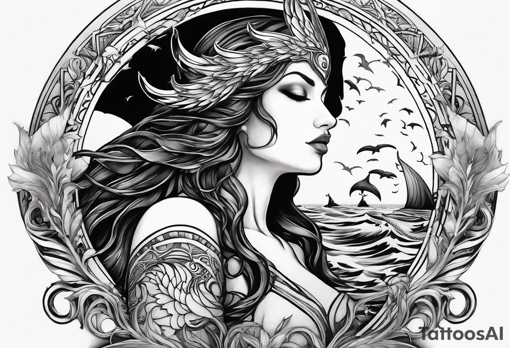 tattoo with a sexy, beautiful, and warrior Goddess Nyx, the goddess of night, who Zeus fears.  She has one white wing and one black wing, like an angel, representing both love and death, and is surrounded by the ocean with sharks, orcas, whale sharks, and octopus. tattoo idea