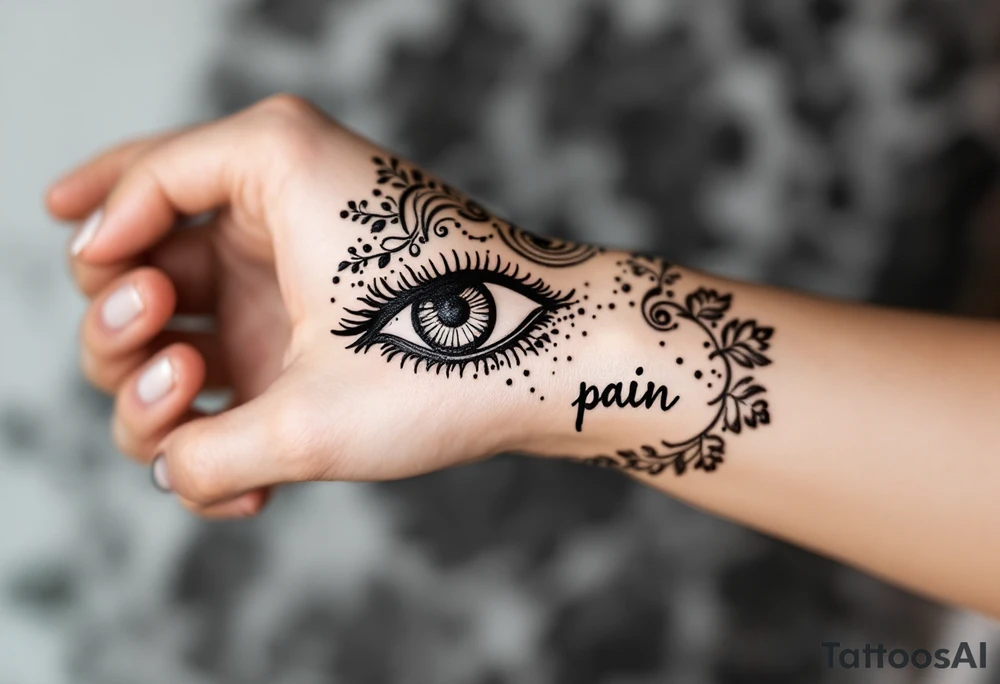 Indian style Henna tattoo for the inner wrist include the word pain and an eye tattoo idea