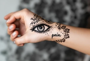 Indian style Henna tattoo for the inner wrist include the word pain and an eye tattoo idea