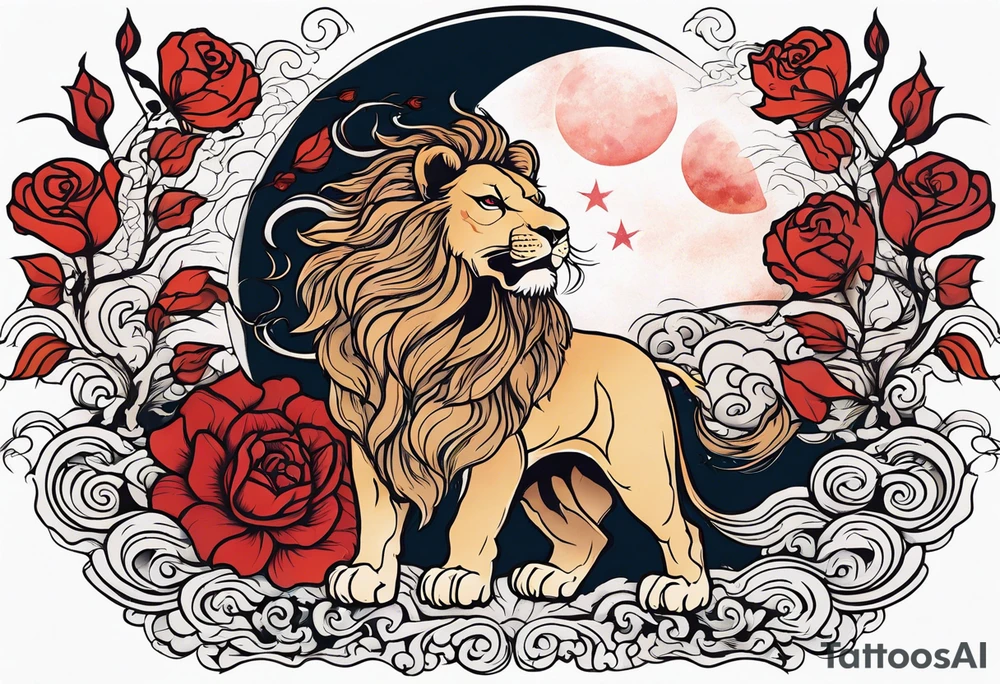 Lion, phoenix rising, rose, moon tattoo idea