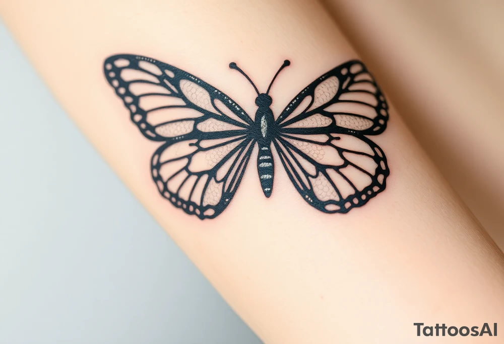 A black lace butterfly with intricately patterned wings, featuring subtle silver highlights tattoo idea