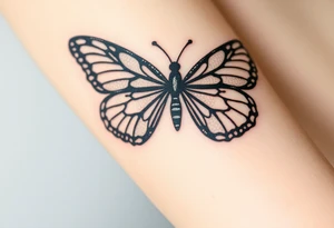 A black lace butterfly with intricately patterned wings, featuring subtle silver highlights tattoo idea