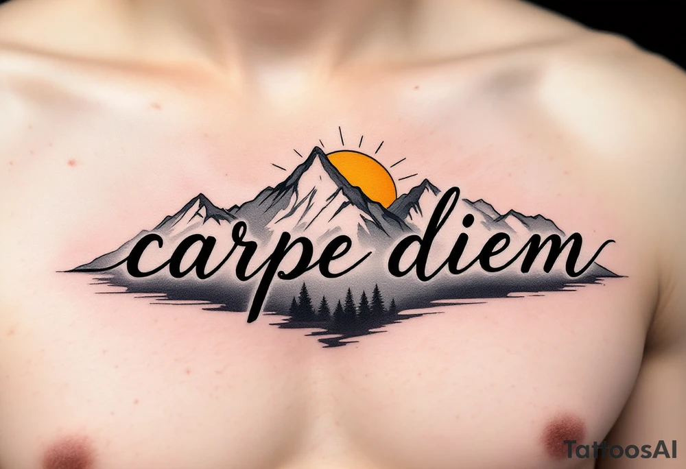 An arched black minimalist font "carpe diem" over a gray mountain range and golden sun. tattoo idea