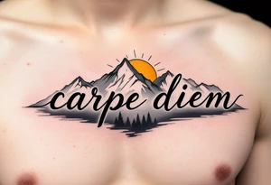 An arched black minimalist font "carpe diem" over a gray mountain range and golden sun. tattoo idea