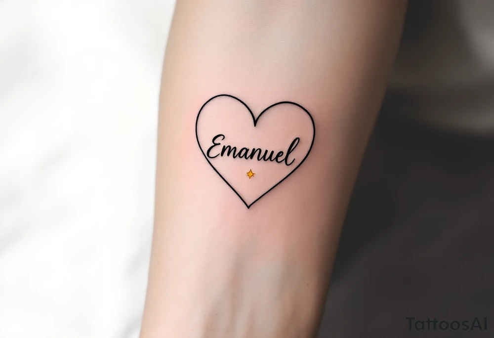 A fine-line heart in black, with the name "Emanuel" scripted inside in a rich gold font, paired with a small, soft yellow star to symbolize guidance. tattoo idea