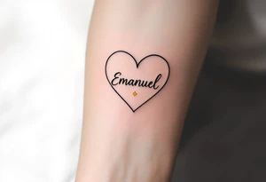 A fine-line heart in black, with the name "Emanuel" scripted inside in a rich gold font, paired with a small, soft yellow star to symbolize guidance. tattoo idea