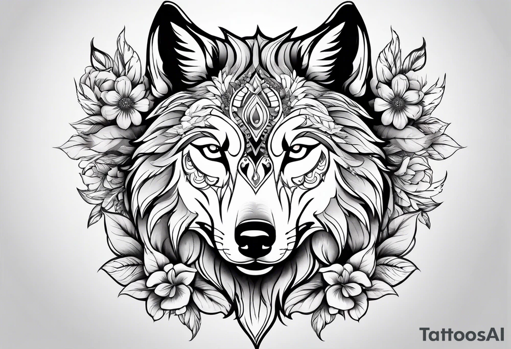 Wolf head with flowers tattoo idea