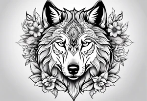 Wolf head with flowers tattoo idea